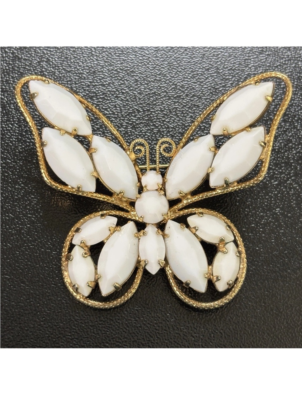 Vintage Butterfly Brooch Milk Glass Stones Gold-tone 2" x 1.75"
